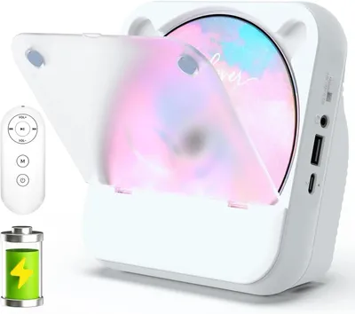 Immagine prodotto di Lettore CD Bluetooth portatile - Altoparlante integrato - USB/AUX - Radio FM - Ricaricabile - Telecomando - Protezione antipolvere - Bianco