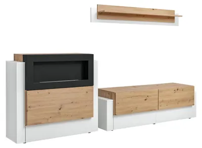 Produktbild von Designer Weiß Wohnwand Luxus Kommode mit Kamin Einrichtung Wohnzimmermöbel