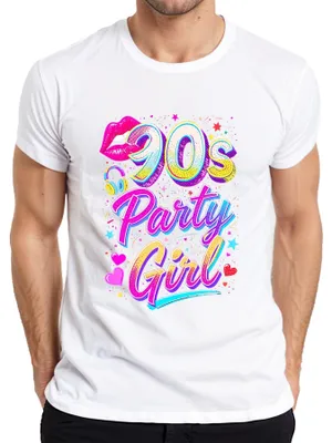 Productafbeelding van 90's Party T-shirt voor heren, neonkleurige lippen, koptelefoon, hartjes, sterren, retro jaren '90, wit, maat M
