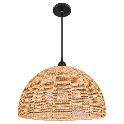A pendant light with a woven natural fiber shade hangs from a black cord and ceiling mount.