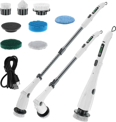Obrázek produktu pro Sada elektrických čisticích kartáčů, 7 kartáčových hlavic, 3 rychlosti, nastavitelná rukojeť, bezdrátový rotační čistič, pro domácnost - bílá