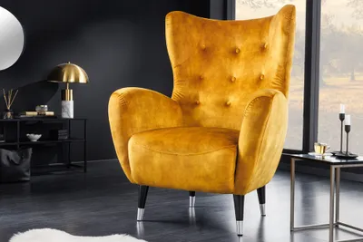 Produktbild von riess-ambiente Retro Design Sessel DON senfgelb Samt Federkern silberne Fußkappen