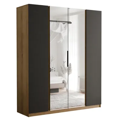 Obrázek produktu pro IDOHOME – čtyřdveřová skříň s otočnými dveřmi VERONA s velkým zrcadlem a zásuvkami – moderní stylová skříň v loftovém stylu, černá