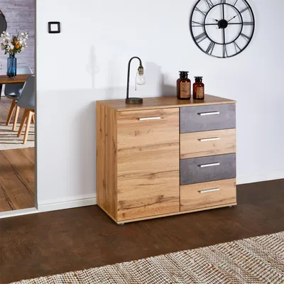 Produktbild von Kommode Sideboard Schrank CHICAGO in Wotan Eiche/Beton dunkel, mit Tür und 4 Schubladen Highboard