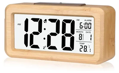Produktbild von Digitaler Wecker, Holzwecker mit Smart Sensor, Raumtemperatur und Luftfeuchtigkeit, LCD Display mit Zeitkalender, batteriebetrieben