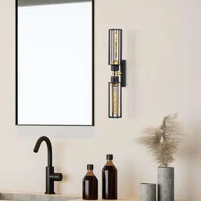 Image de Opviq, applique murale en fer, noir et or, hauteur 50 cm | 8 x 15 cm, 2 x E27 max. 40 W, IP20 | Un design industriel élégant pour les intérieurs modernes.