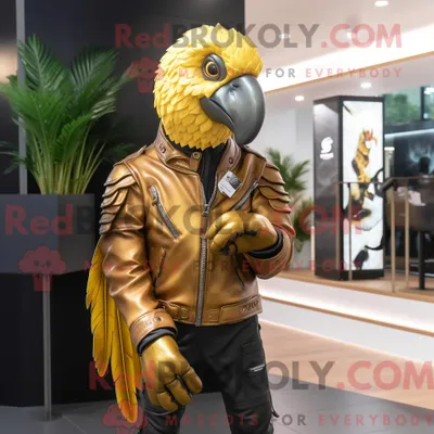 Produktbild von Maskottchenkostüm REDBROKOLY Goldener Papagei mit Lederjacke und Wickelrock