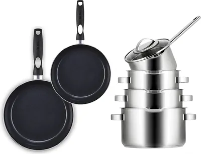 Produktbild von Sola Topfset Pearl 6-teilig – Edelstahl – downdraft-geeignet – Kochtöpfe Ø 16, 18, 20 cm & Stieltopf Ø 16 cm + BEKA Bratpfannen Ø 24, 28 cm – geeignet für alle Herdarten