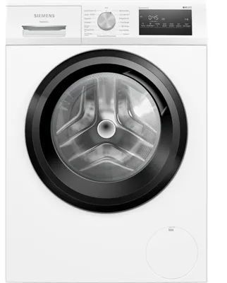 A front view of a white Siemens washing machine with a black door and control panel.