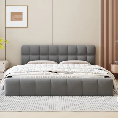 Produktbild von UnboxG Polsterbett 140 x 190 cm, Jugendbett, Doppelbett mit weicher Rückenlehne, Flachbett mit Polsterumrandung, Lattenrost Leinen