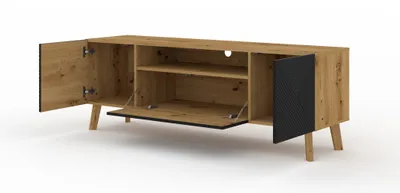 Obrázok produktu pre TV skrinka LUXI 160 cm Artisan Dub / Čierny mat 2D1K Bočnica TV stolík s frézovanými čelami MDF s otvorenými policami Bufetový TV stolík