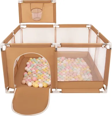 Produktbild von Selonis Laufstall Mit Korb Und 100 Bälle Laufgitter Für Kinder, Beige:Pastellbeige/Pastellgelb/Weiß/Minze/Puderrosa