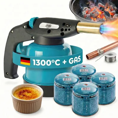 A product shot of a gas torch set with accessories, including gas canisters and a crème brûlée.