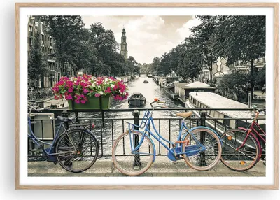 Produktbild von Gerahmtes Poster - Rahmen in heller Eiche - Amsterdam Fahrräder Brücke - 100x70 cm - Wand Bild - Wanddeko - Wandbilder - Kunstposter - Wandposter - Bilderrahmen - Bilder - P2NAA100x70-4503