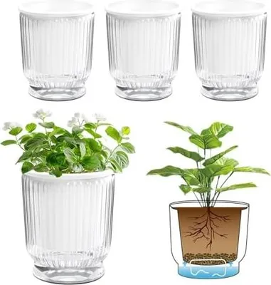 Produktbild von T4U 12cm Selbstbewässerungstopf Blumentöpfe mit Baumwollseil und Tiefem Wassertank 4 Stück, Blumentopf Set für Orchideentopf Transparent,Kräutertopf Hydrokultur Topf, für Alle Zimmerpflanzen, Blumen