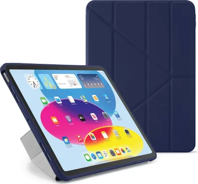 A dark blue tablet case is shown in the foreground, with a tablet inside it propped up by the case. Another dark blue case is visible in the background.