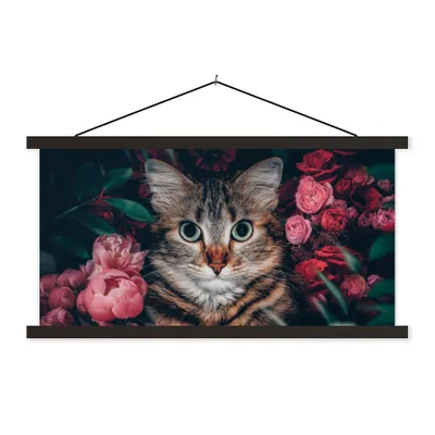 Produktbild von MuchoWow® Textilposter Katze - Blumen - Blätter - Botanisch 120x60 cm mit schwarzem Rahmen - Dekoration Schlafzimmer