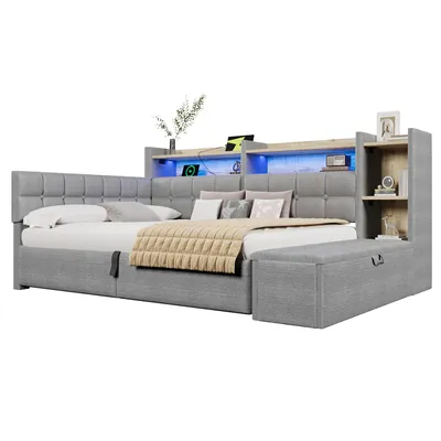 Produktbild von Stauraumbett mit LED-Beleuchtung, Aufbewahrung, Lattenrost, Regal und USB/Type-C Anschlüssen, 140x200 cm, Schlafsofa, Tagesbett, Jugendbett, Samt