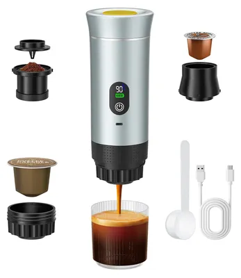 Immagine prodotto di Macchina da caffè espresso portatile mini - Macchina da caffè elettrica - Per capsule di caffè e caffè macinato - Acciaio inossidabile - Senza batteria - Argento