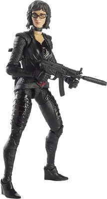 A full-body shot of a black action figure holding a rifle.