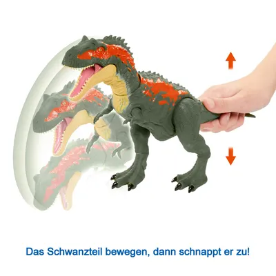 Produktbild von Jurassic World Spielfigur Gewaltiger Beißer Albertosaurus, Grün Rot, 16.6 x 9.6 x 4.0 Zoll, bewegliche Gelenke, authentische Farben, realistische Texturen, Urzeit-Attacke, Jurassic World Facts App