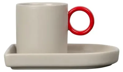 Espressotasse mit Untertasse, Porzellan, 8 cl, grau/rot