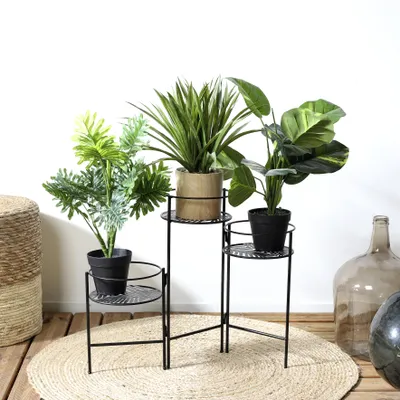 Image de Porte-plantes - HOME DECO FACTORY - Noir - Métal - 3 Plateaux Ajourés