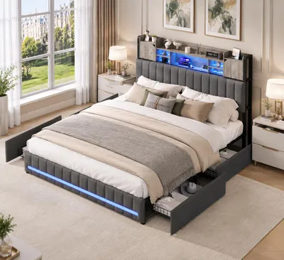 Produktbild von INONEFT Polsterbett 140 x 190 cm, Doppelbett mit 4 Schubladen und Lattenrost, Erwachsenenbett mit USB und LED, Jugendbett, Leinen, Grau, ohne Matratze