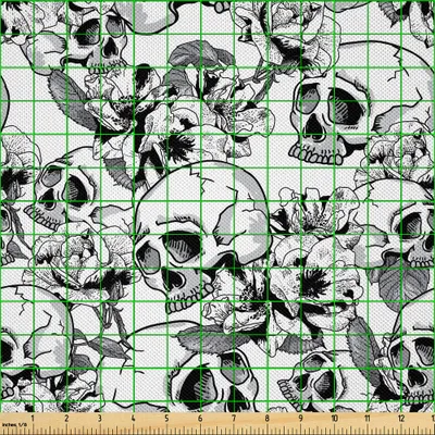 Image de ABAKUHAUS Jour des morts Tissu satiné vendu au mètre, fête mexicaine, esquisse espagnole Dead Skulls Artwork Print, 3 m (148 x 300 cm), noir et blanc