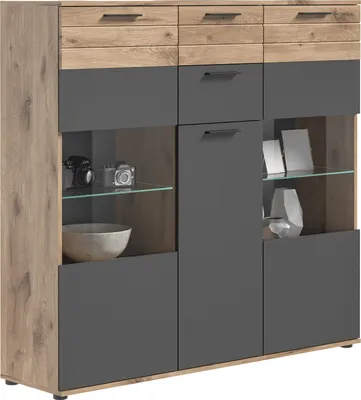 Produktbild von Highboard - Nox Eiche Nachbildung - Basaltgrau - B 140 cm - 3 Türen - 2 Schubladen