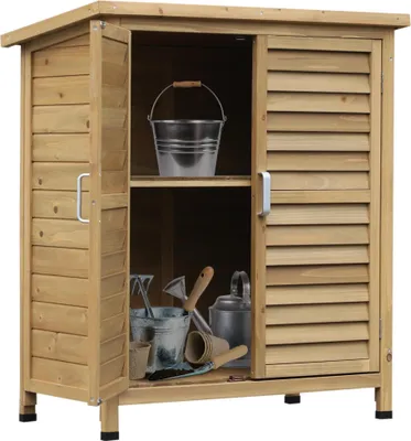 Image de Armoire de jardin - Armoire à outils en bois - Étanche - 2 étagères intérieures - Pour l'extérieur - Naturel