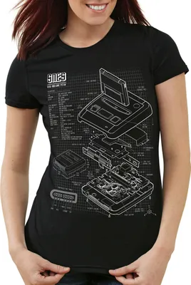 Produktbild von style3 SNES Blaupause Damen T-Shirt 16-Bit Videospiel, Farbe:Schwarz, Größe:L
