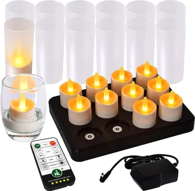 Produktbild von LED-Kerzen, 12 Stück, wiederaufladbar, mit Fernbedienung, Timer-Funktion, flackernd, warmweißes Licht, 100 Stunden Brenndauer.