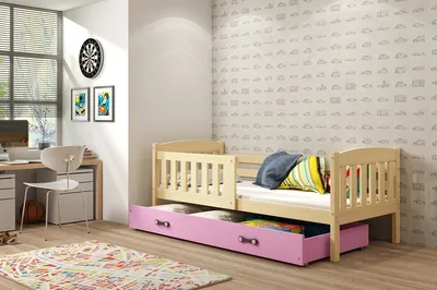 Zdjęcie produktu dla Łóżko dziecięce ze schowkiem i materacem 90x200 BRIGID - sosna / różowy