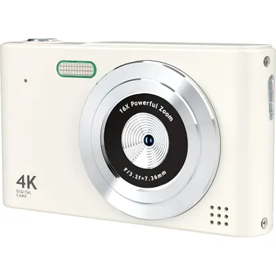 A white digital camera is shown from a three-quarter angle against a white background.