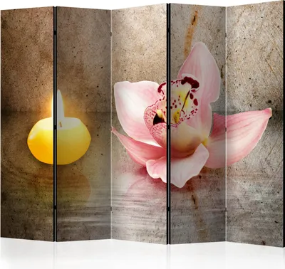 Produktbild von Akusticher Raumteiler Zen Foto Paravent 225x172 cm beidseitig auf Vlies-Leinwand bedruckt Akustikschaum Trennwand Spanische Wand Sichtschutz Home Office Blumen Spa Stein Orchidee b-C-0427-z-c