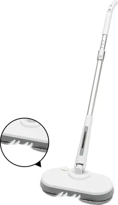 Produktbild von Elektrischer Wischmopp - Kabelloser 4‑in‑1 Boden- & Fensterreiniger - 350 ml Wassertank - LED-Beleuchtung - 180° drehbarer Kopf - Chenille-Pads - Aluminiumstiel - Weiß