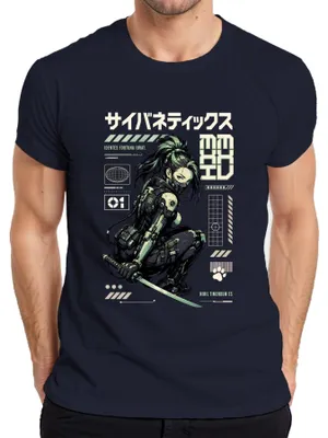 Obrázok produktu pre Cybernetika, Nihil Timendum Es, Katana, Anime, Japonsko, Y2K, Manga, Cyborg, pánske tričko, tmavomodrá, veľkosť L