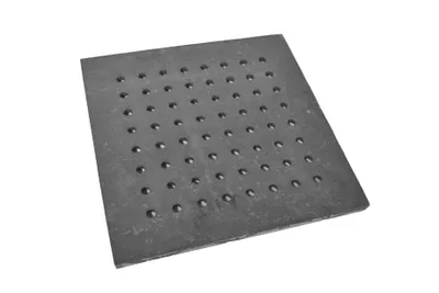 A square cast iron grate with evenly spaced holes, presented on a white background.