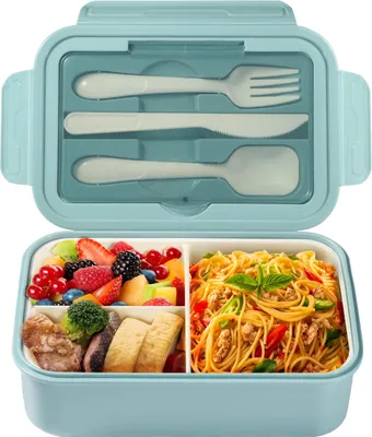 Bento-Box 1400 ml mit Besteck, 3 Fächer, mikrowellengeeignet, blau