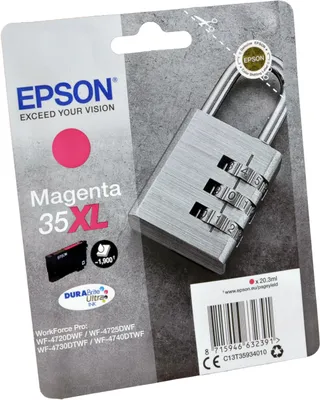 Produktbild von Epson Padlock 35XL Vorhängeschloss DURABrite Ultra Single Magenta Tinte, Hohe (XL-) Ausbeute, Magenta, Tinte auf Pigmentbasis, 20,3 ml, 1 Stück(e), 1900 Seiten