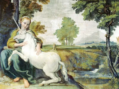 Zdjęcie produktu dla Obraz z nadrukiem Domenichino - Dziewica z jednorożcem, 1602 (60 x 80 cm)