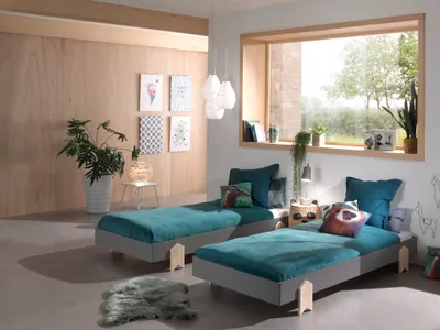 Produktbild von Vipack Modulo Art. Set best. aus 2 Einzelbetten/Stapelbetten je 90 x 200 cm Liegefläche, grau lackiert, Fuß Pfeil-Optik Kiefer natur lackiert
