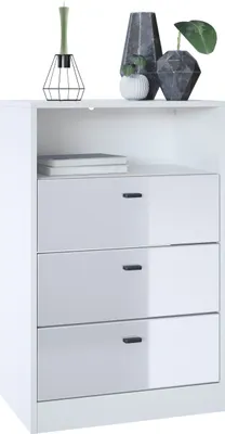 Produktbild von Vladon Kommode Pino V2,  Germany, Anrichte mit 3 Schubladen & 1 offenem Fach, Weiß matt/Weiß Hochglanz (56 x 86,5 x 36 cm)