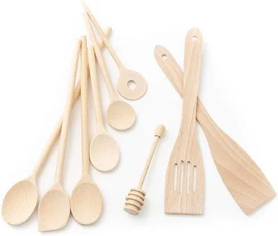 Image de Lot de 9 ustensiles de cuisine en bois comprenant des cuillères de cuisine et des spatules en hêtre