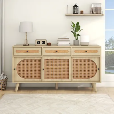 Zdjęcie produktu dla Komoda Merax z szufladą i 6 przegrodami, komoda z rattanową wikliną, kredens w stylu wiejskim, szafka pod telewizor, 140x40x78 cm, natura
