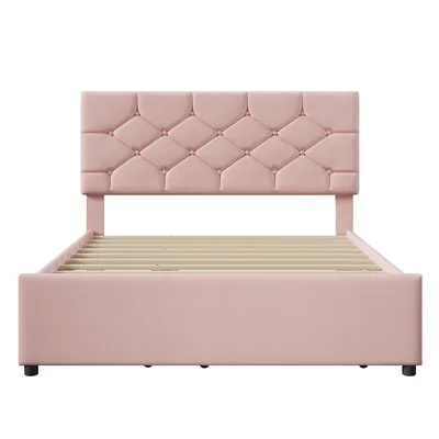 Produktbild von Flieks Polsterbett 140x200cm mit Ausziehbett, Doppelbett Jugendbett Kinderbett mit Lattenrost, Holzbett Funktionsbett Tagesbett, Samt, Rosa