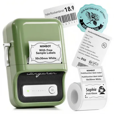 Produktbild von Etikettendrucker mit einer Rolle selbstklebender Etiketten, grün