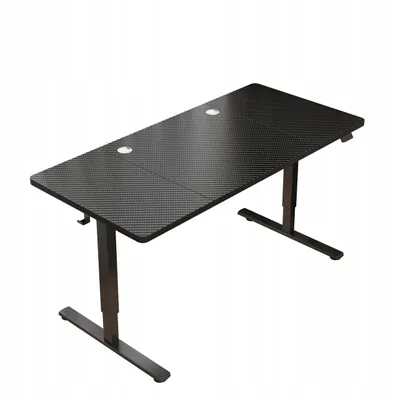 A black adjustable height desk is shown against a white background.