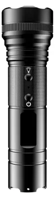 A black flashlight with textured grip and buttons is shown against a white background.